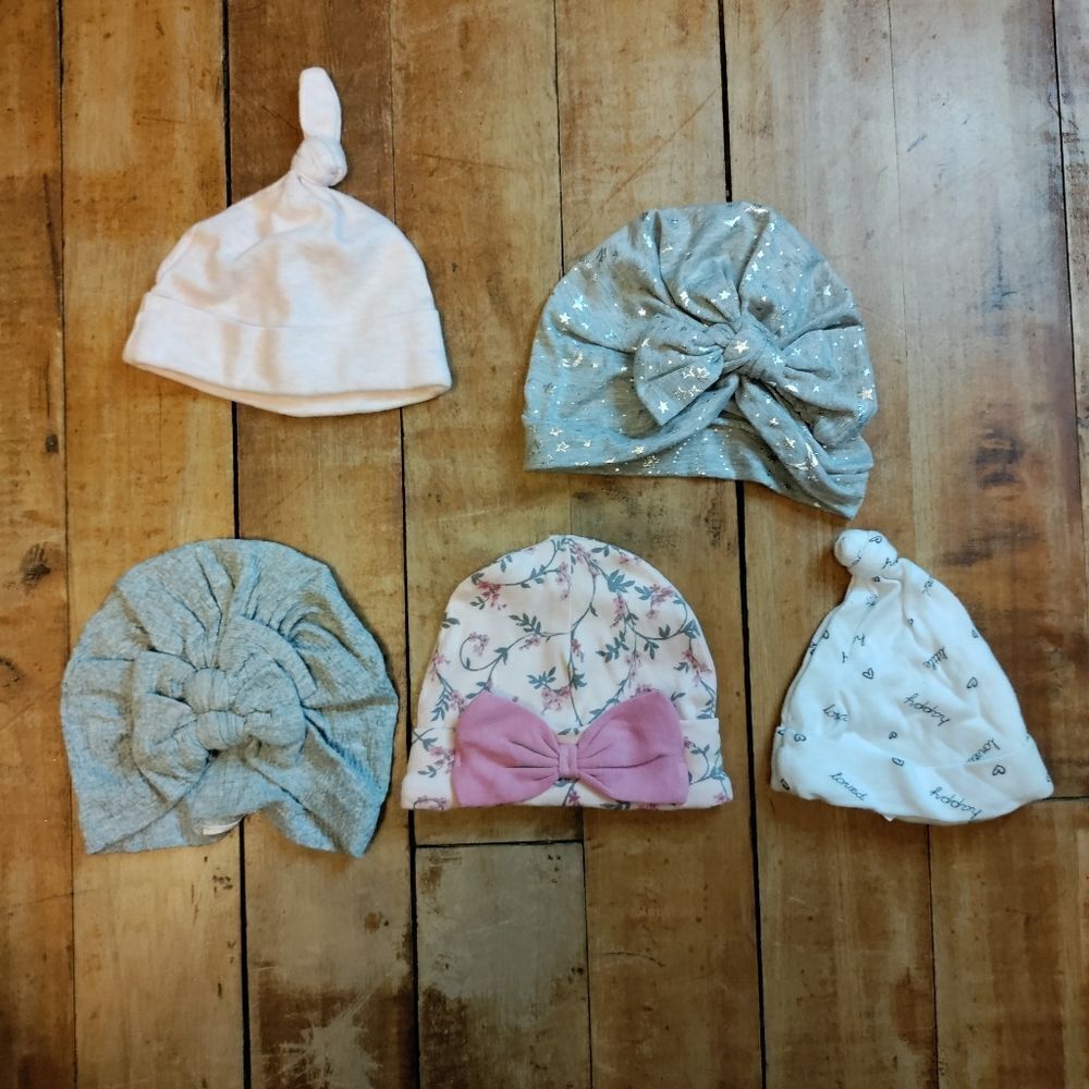 Baby girl hats newborn to 12 mos pink gray bow stars baby hats turban cotton